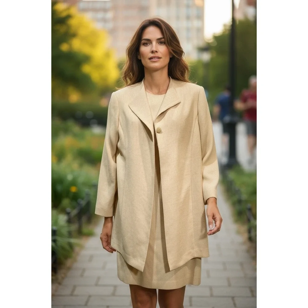 Talbots Petites Womens Suit Set Jacket Dress Beige‎ Linen Blend Size 6